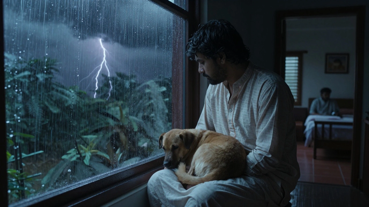 Dog sleeping on owner's lap during thunderstorm in Indian home