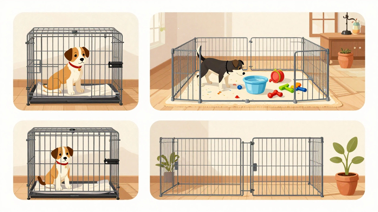 A puppy’s daily routine shown in three parts: crate, play pen, and crate again, in a bright Indian home.