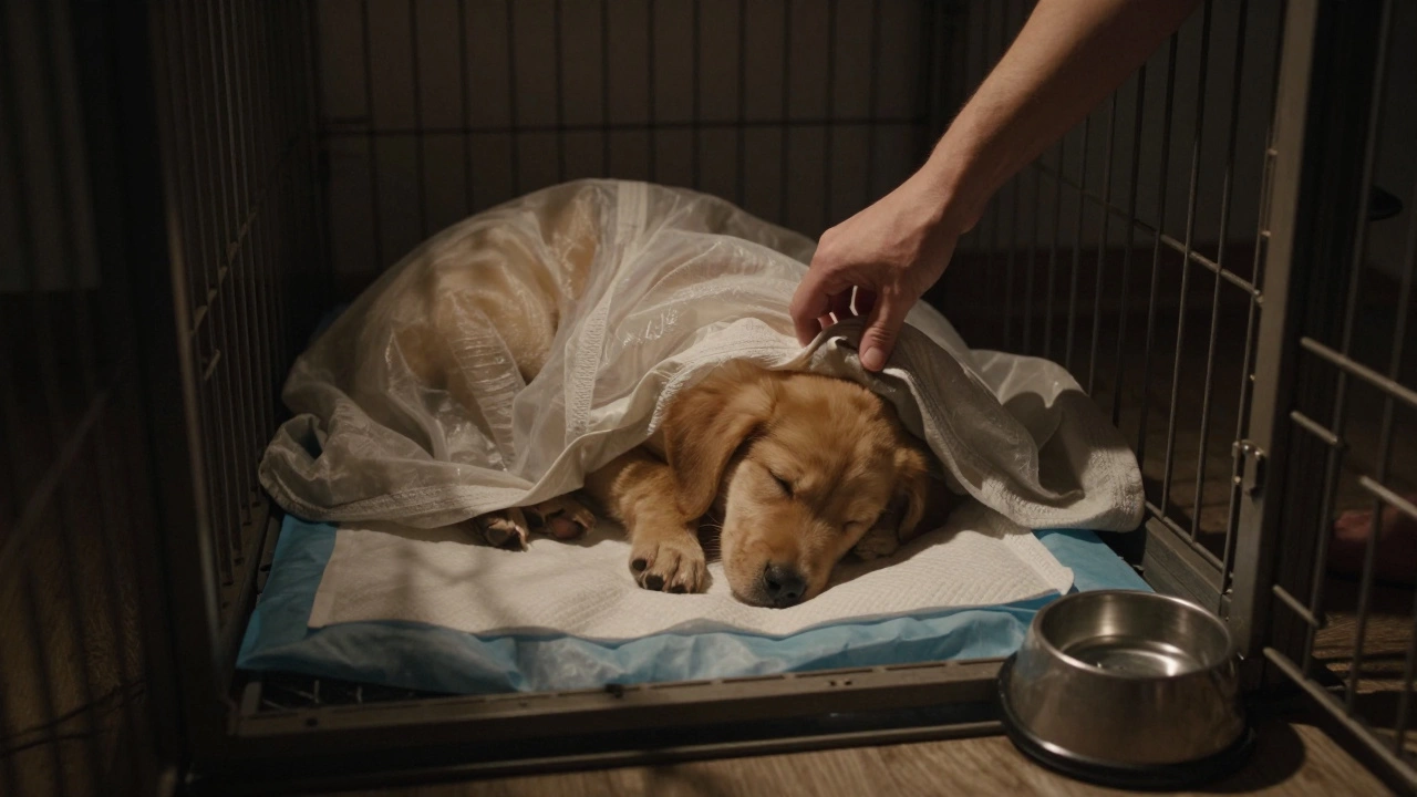 A puppy sleeping in a dim crate at night, partially covered by a blanket, moonlight softly illuminating the scene.