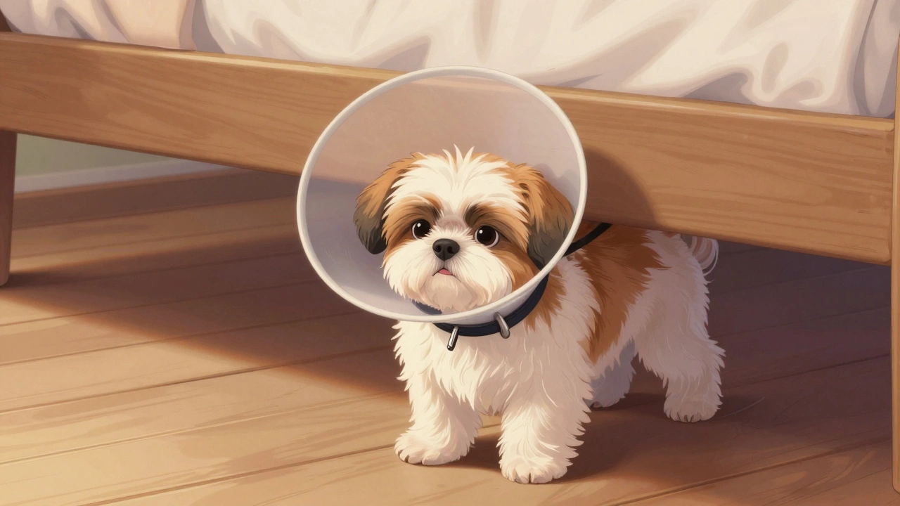 A small dog partially trapped under a bed, its snap collar releasing to prevent neck injury.