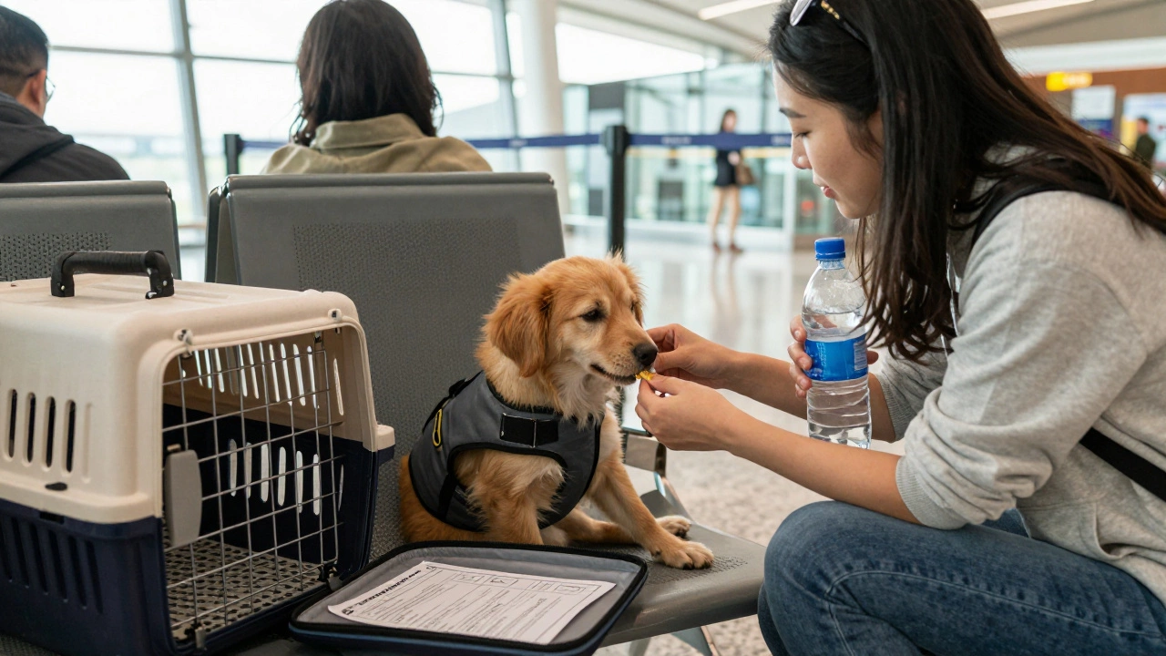 A traveler calming their dog with a vest and water after passing through airport security.
