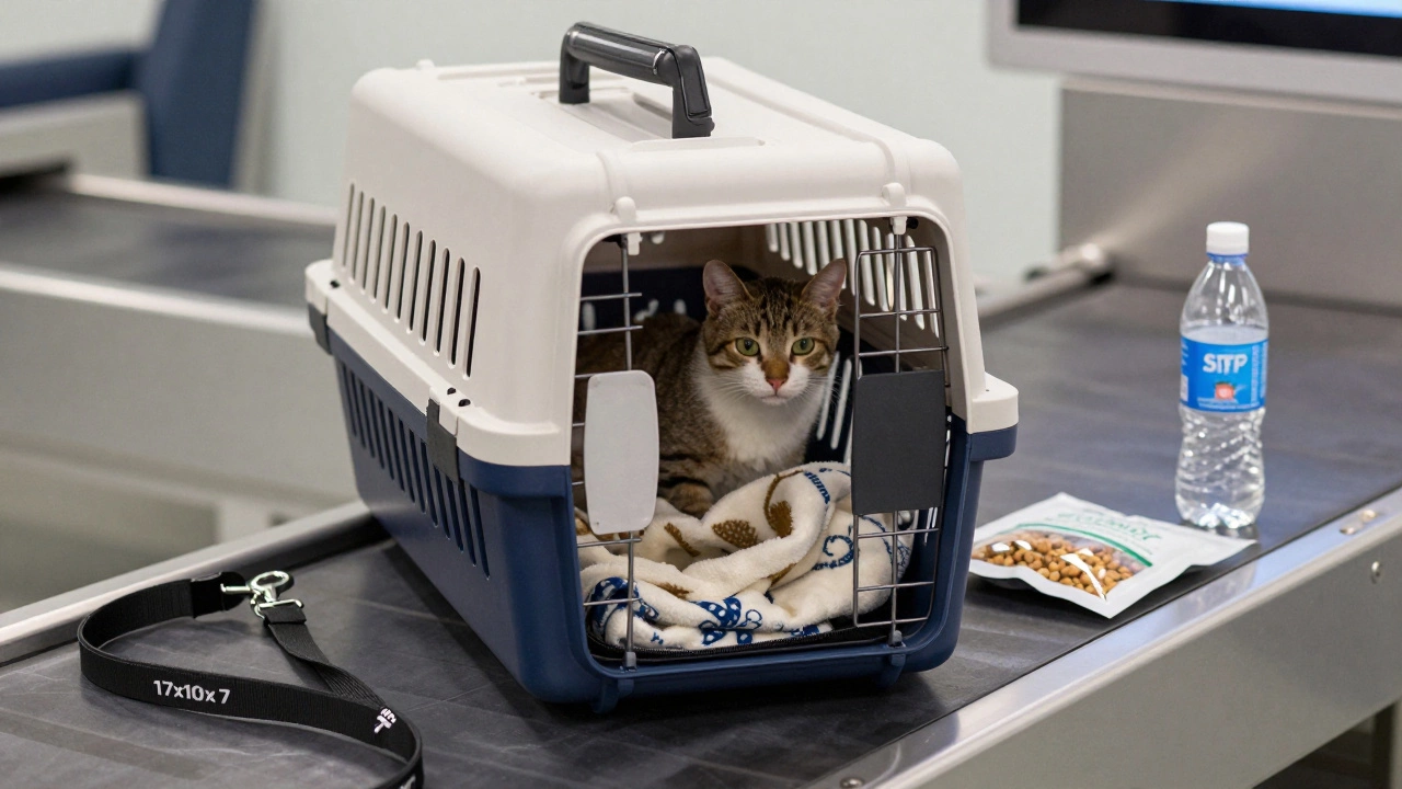 An approved pet carrier on an airport X-ray machine with ventilation, label, and sealed food inside.