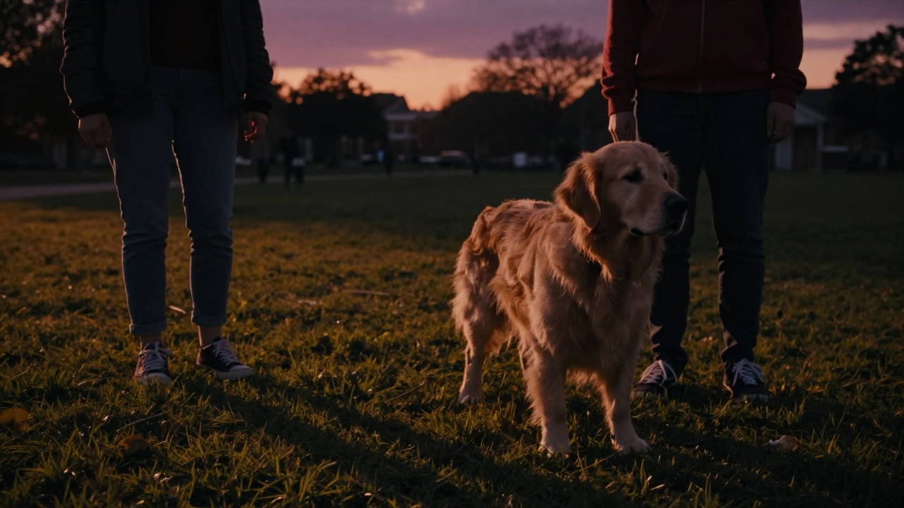 Dog and owner separated in park, displaying anxiety and broken trust bond.