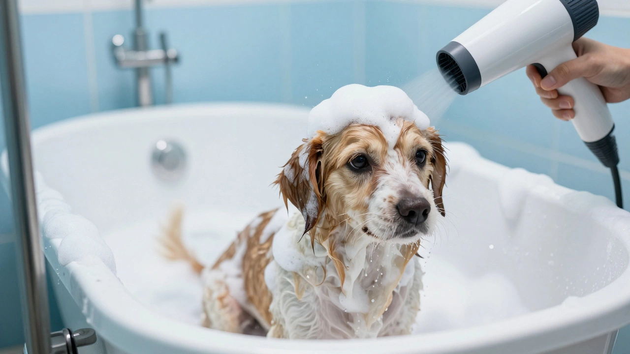 Dog being bathed in a professional salon tub with soap foam