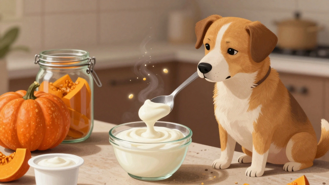 Dog eating food mixed with pumpkin and yogurt, probiotic particles glowing softly in air.