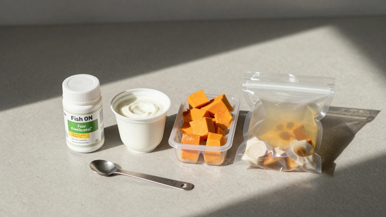 Four small containers of dog health supplements arranged neatly on a counter with ice cube tray.