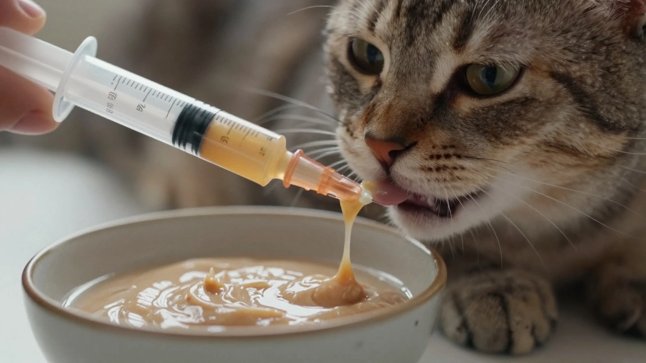 Oral syringe and wet food bowl used for emergency feeding of a starving cat.