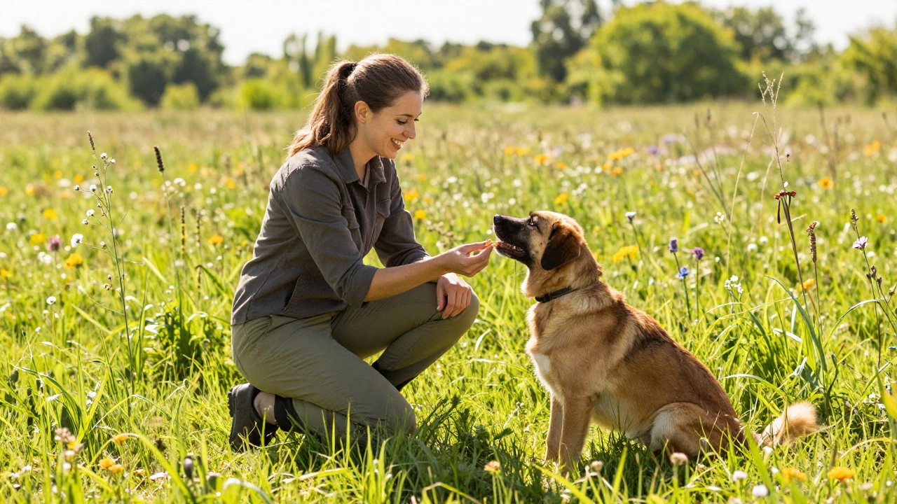 Owner giving treat to happy dog during positive reinforcement training.