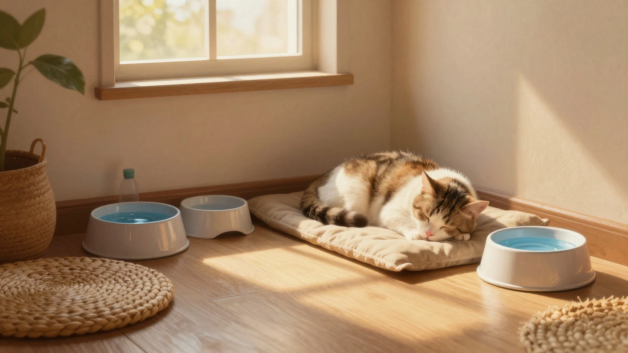 Recovering cat resting near water bowls in a warm, safe home environment.