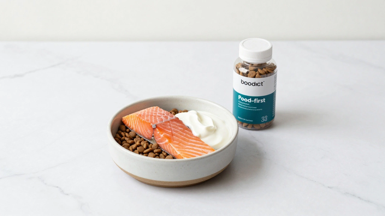 A balanced dog meal with kibble, steamed salmon, and yogurt next to a supplement bottle.
