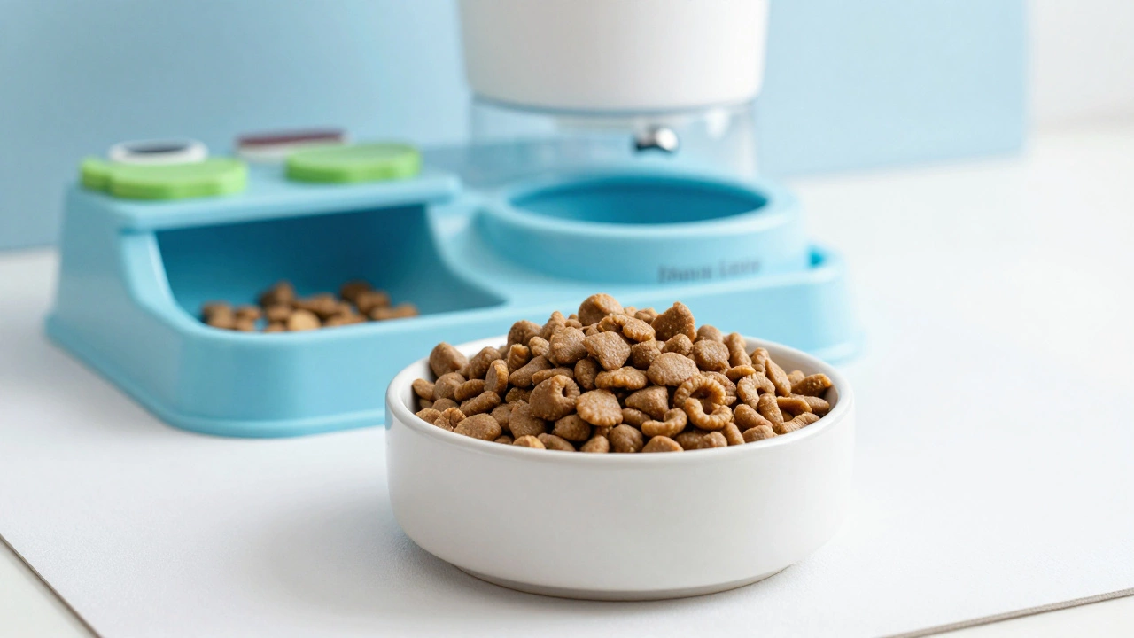 A bowl of wet cat food and a dry food puzzle feeder on a clean floor