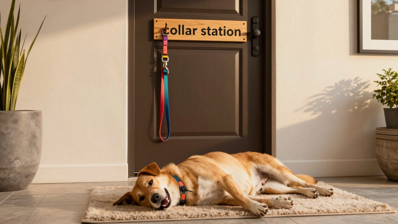 A dog relaxing on a rug next to a wall hook where its collar is hung up by the door.