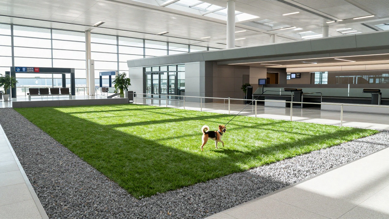 A dog using a synthetic grass pet relief area in a modern airport