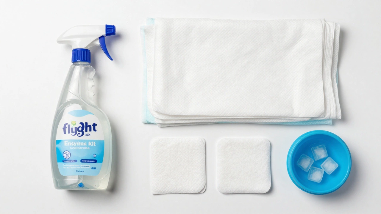 A pet travel kit with puppy pads, enzyme cleaner, and wipes