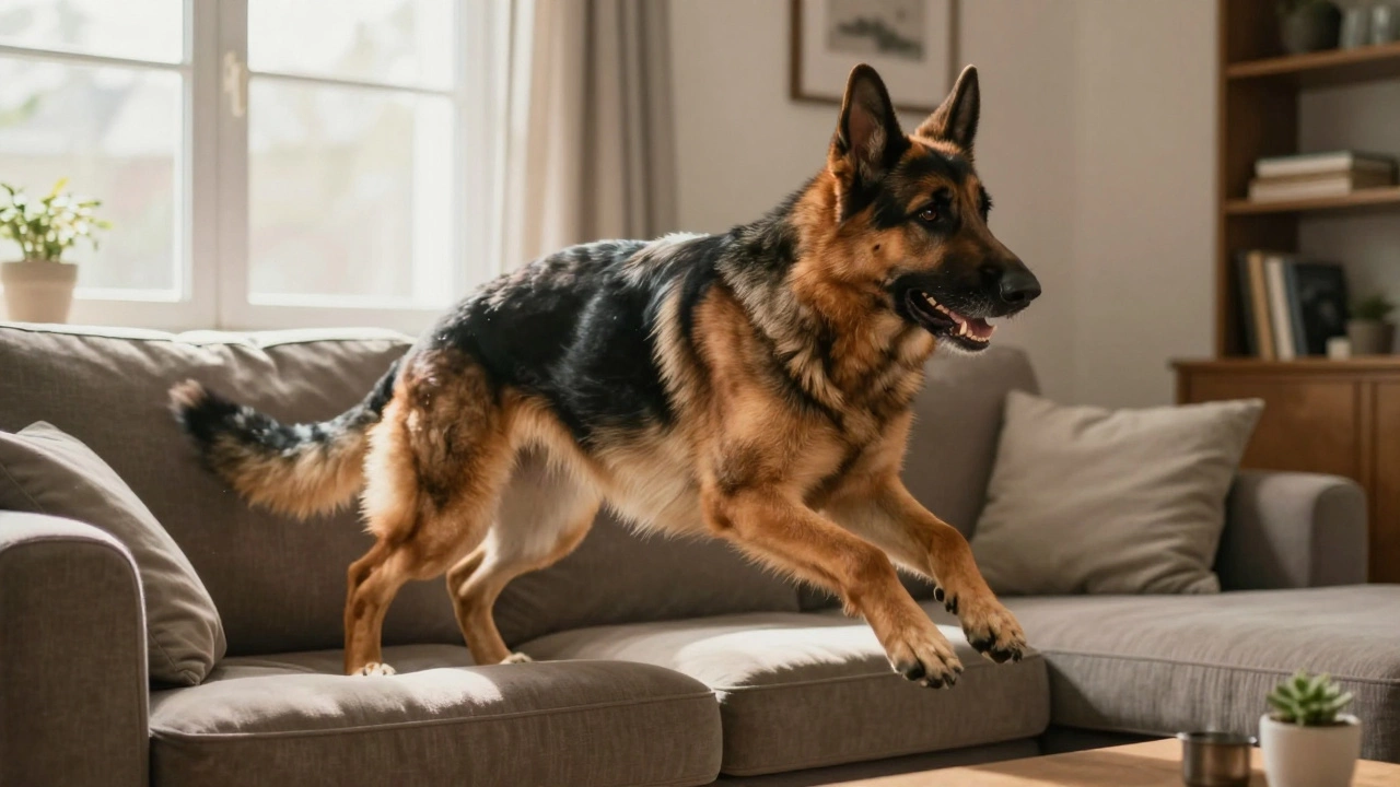 A senior German Shepherd happily jumping onto a sofa in a sunlit living room.