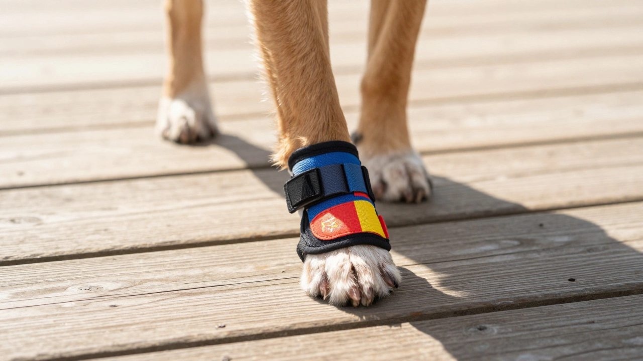 Close-up of a dog wearing a protective boot on a hot wooden boardwalk.