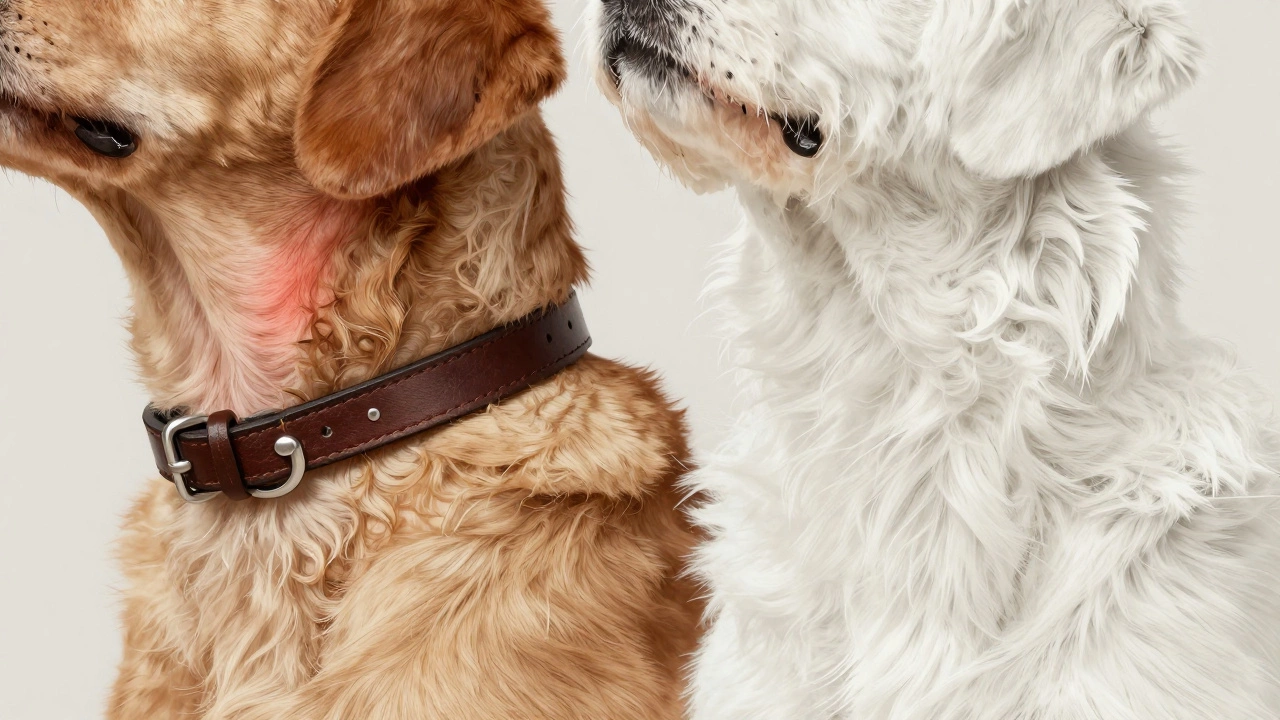 Comparison of a dog's neck with a restrictive collar causing irritation versus a healthy, free neck.