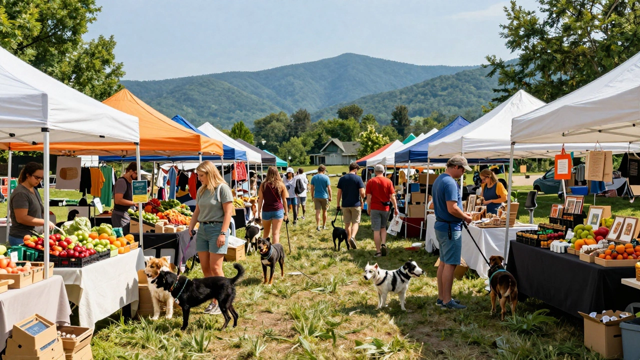 Dog owners shopping with their pets at a sunny outdoor farmers market in North Carolina.