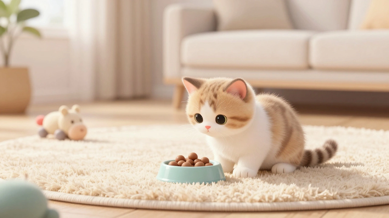 Small fluffy kitten sitting by a saucer of food in a bright living room
