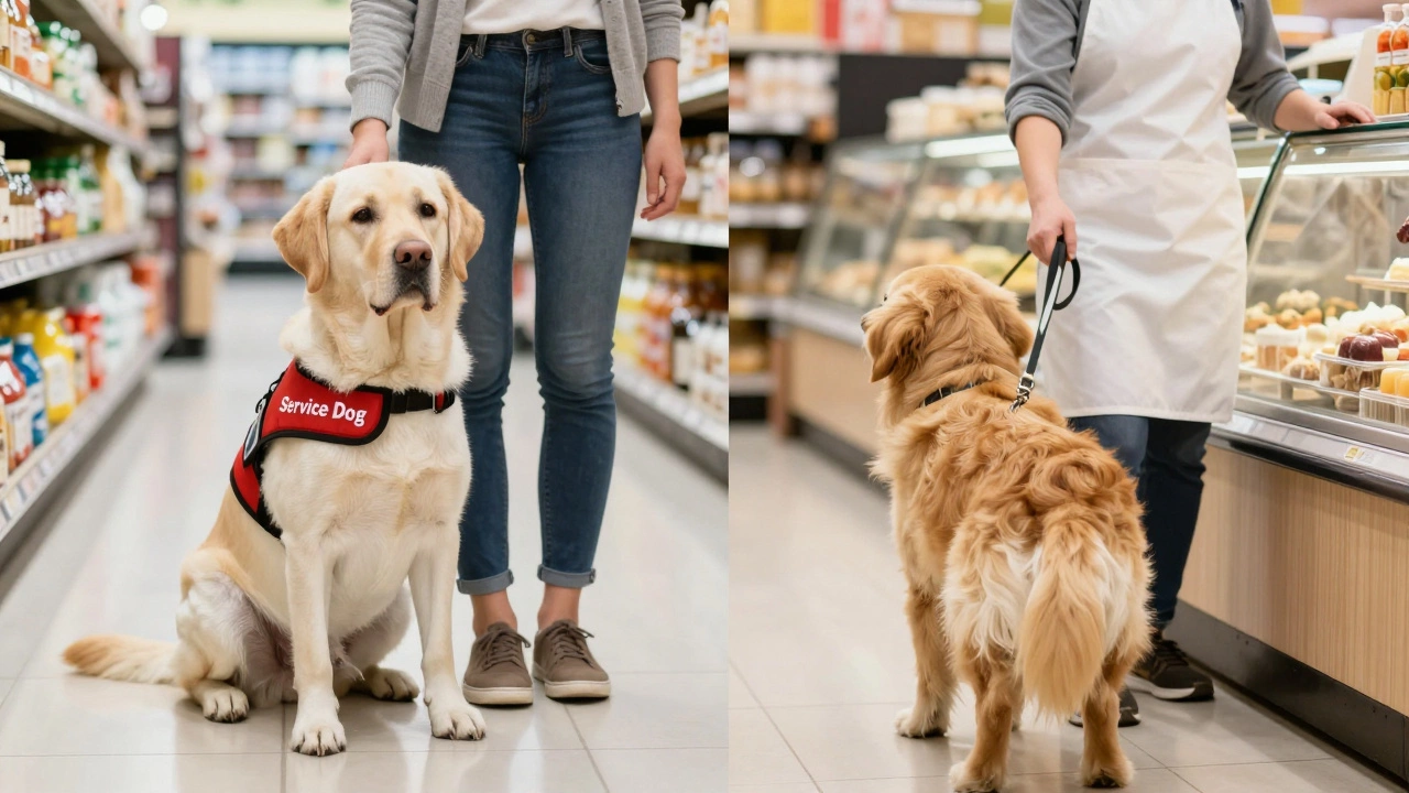 Split image showing a service dog in a store versus a pet being asked to leave a bakery.