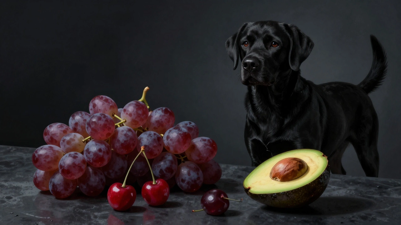 Black dog avoiding toxic fruits like grapes and cherries in a dramatic, moody setting.