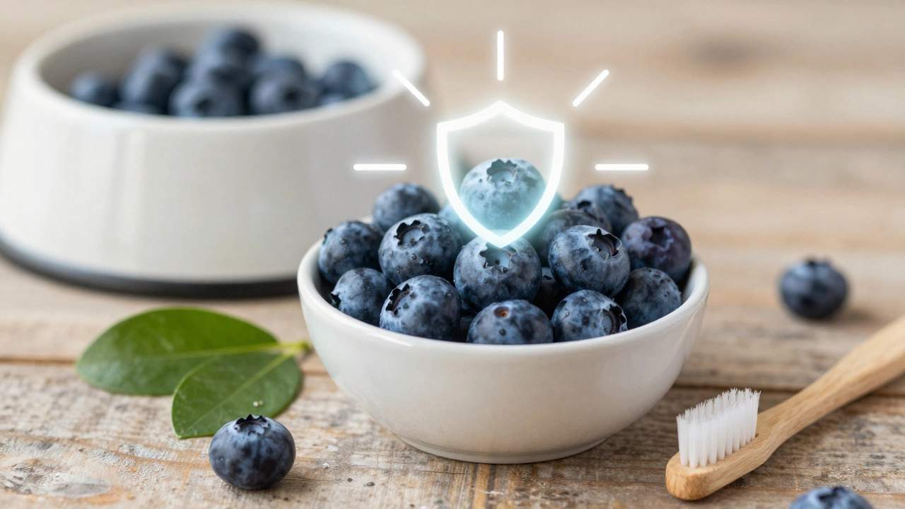 Blueberries in a bowl with symbols of health benefits
