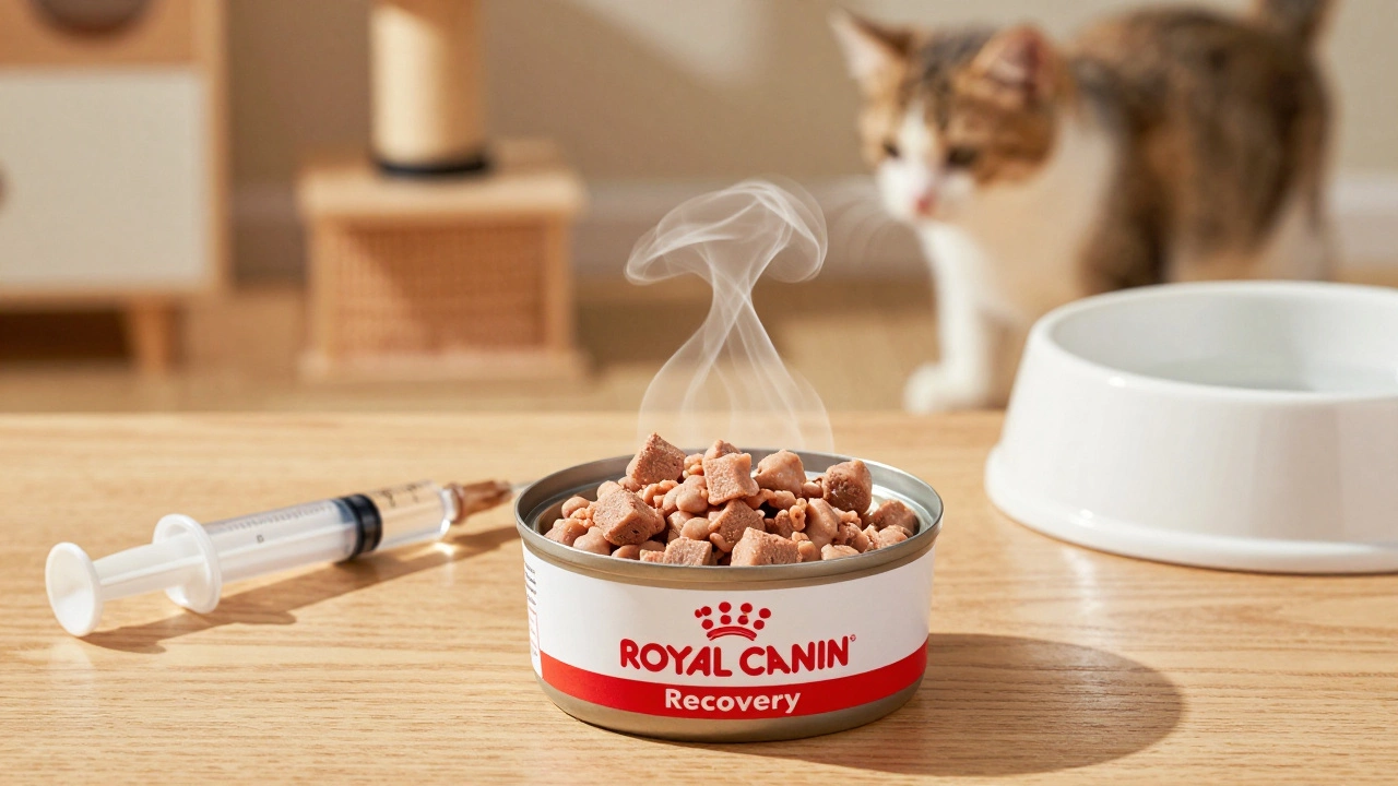 Bowl of recovery food and syringe for sick cat