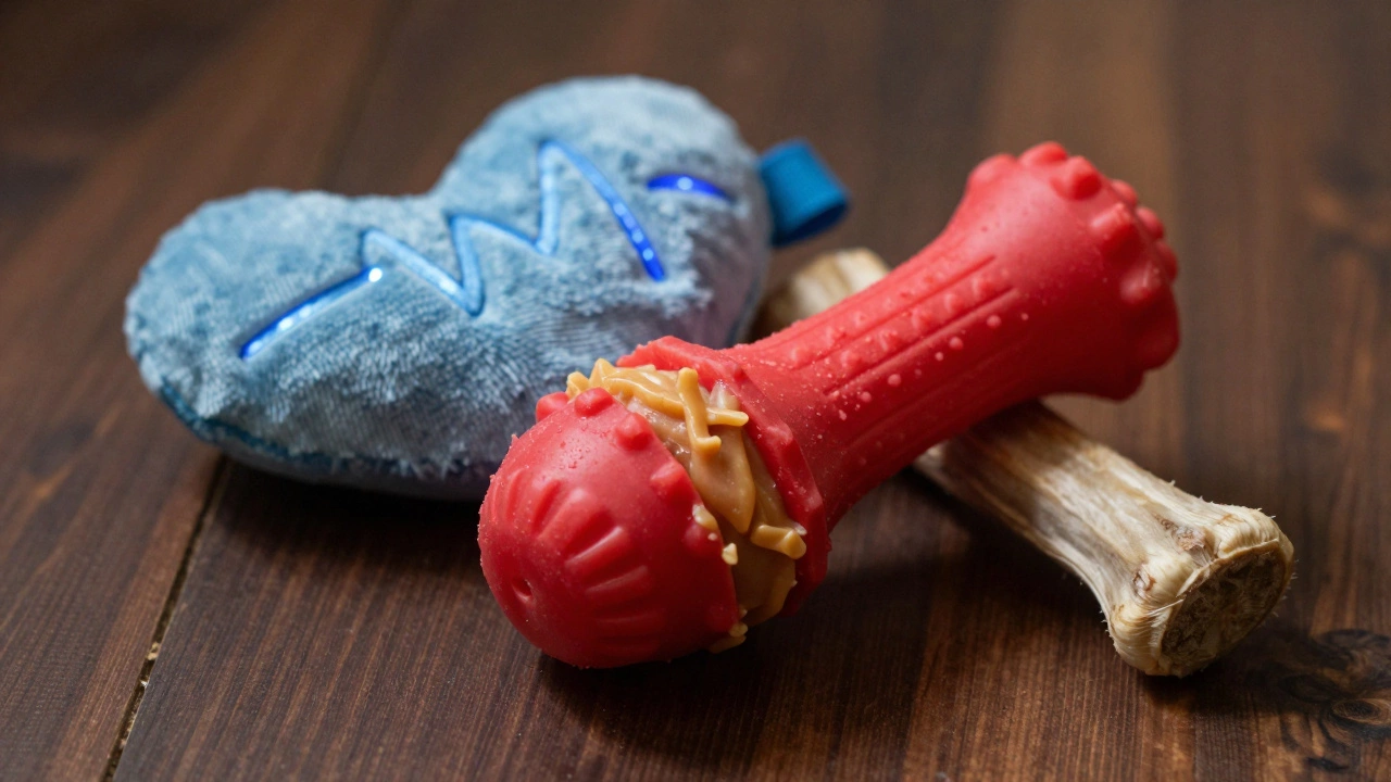 Calming puppy toys including frozen Kong and heartbeat plush