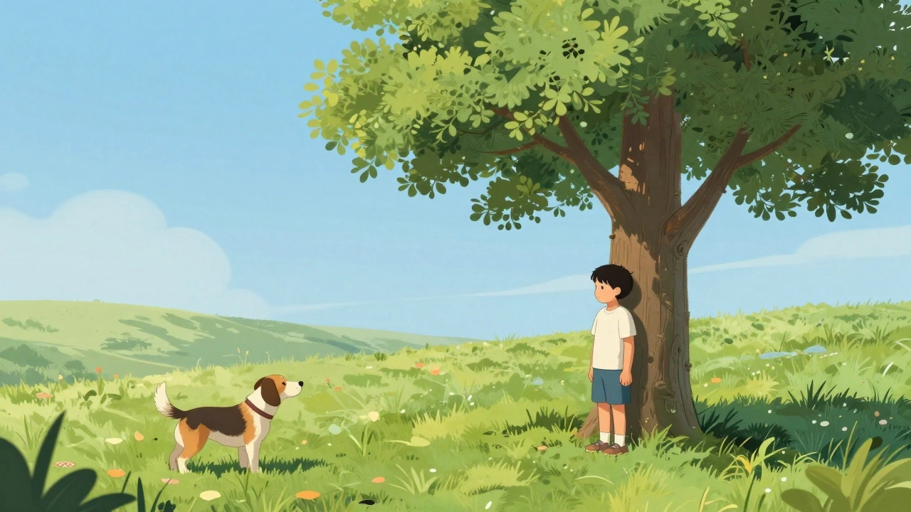Child standing still like a tree near a curious dog outdoors