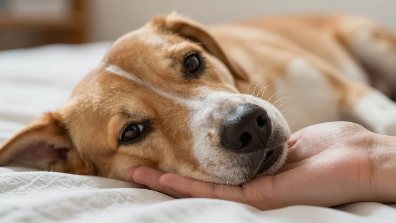 Dog resting head on owner's hand showing affectionate bond