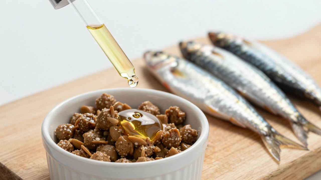 Fresh anchovies and fish oil being added to dog food