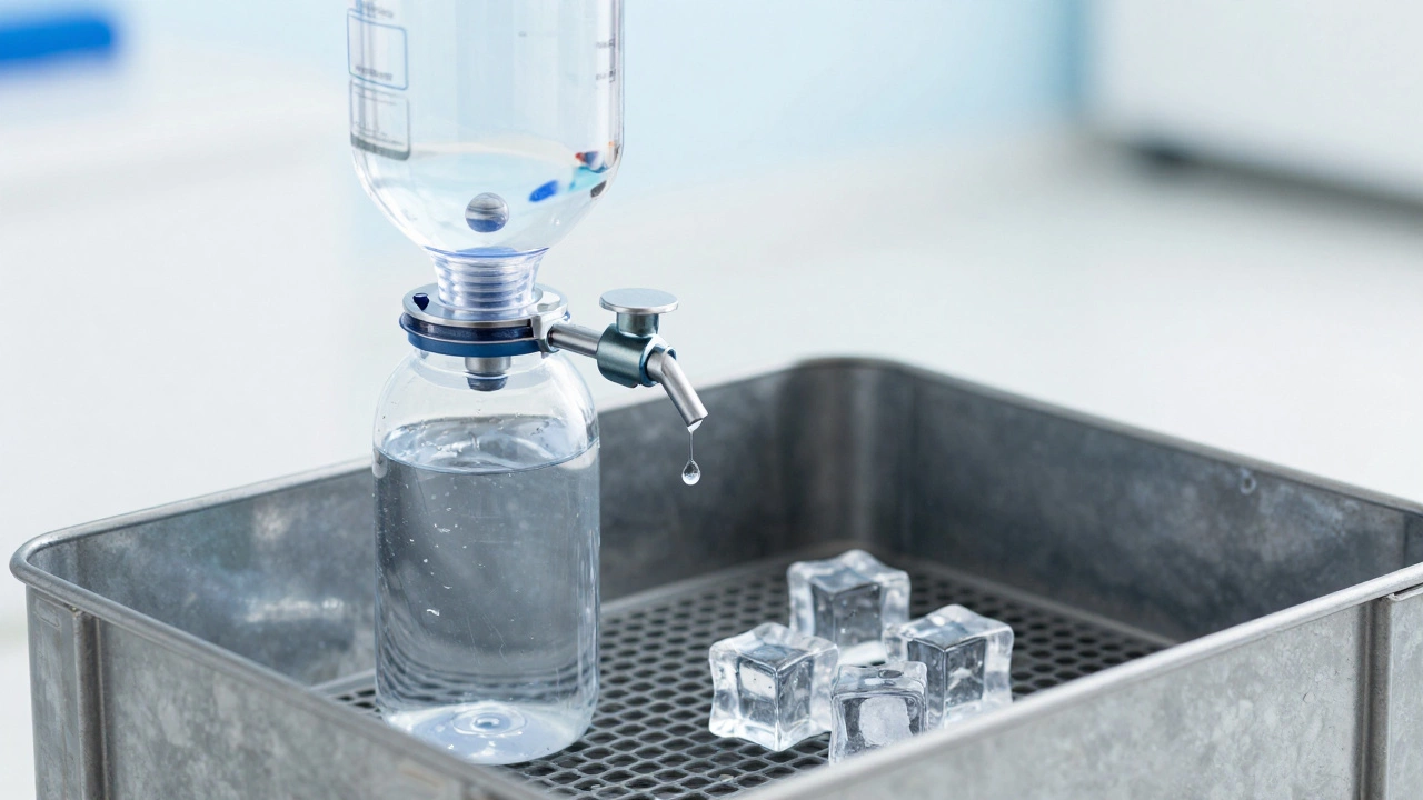 Gravity feeder bottle and ice cubes as safe hydration options
