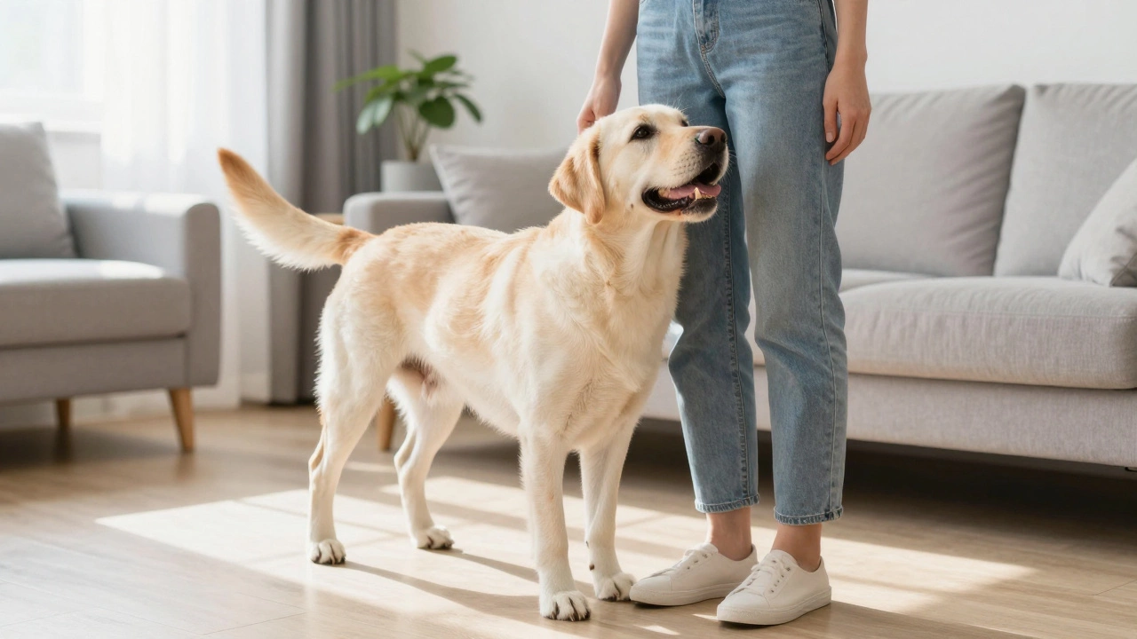 Happy dog leaning against owner's leg for support