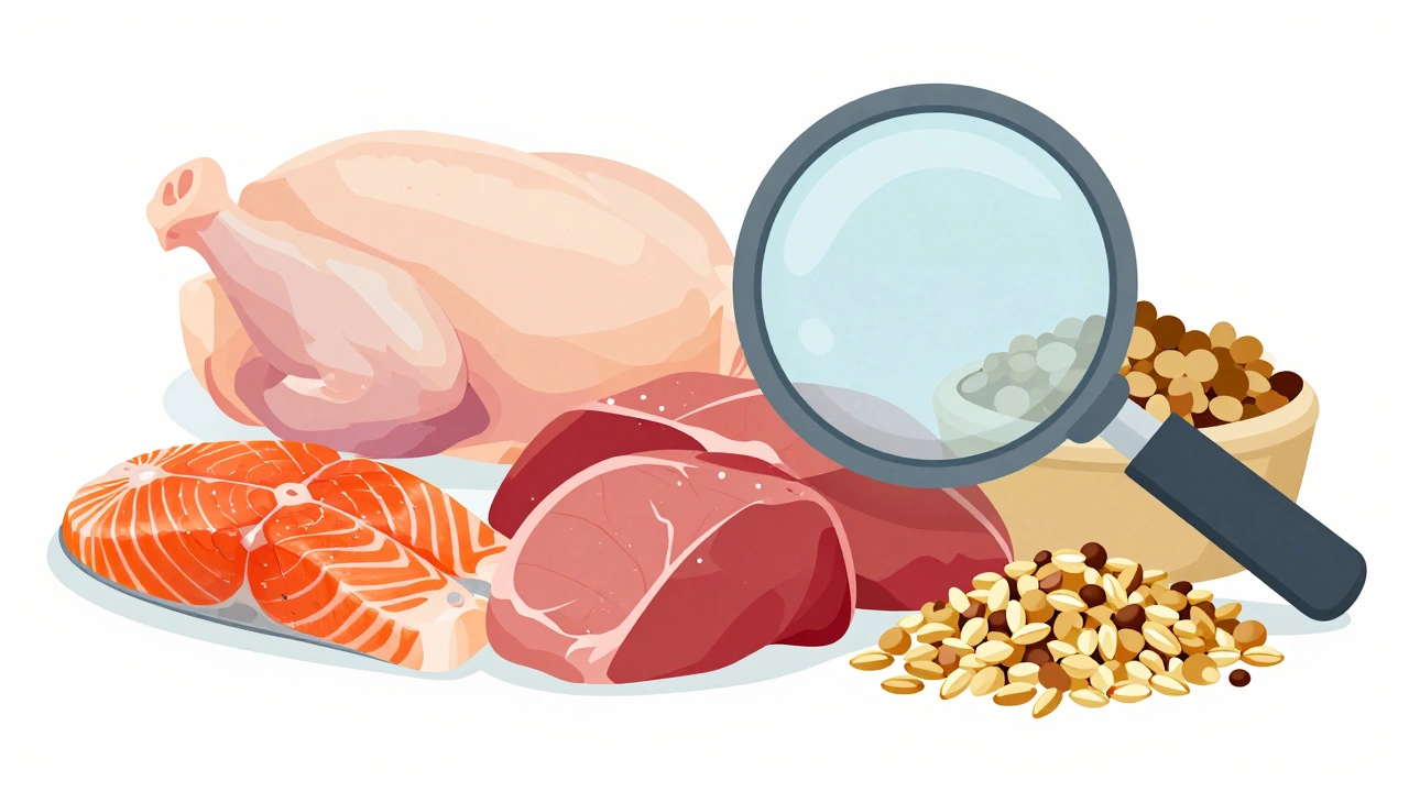 Illustration comparing fresh meat proteins vs grain fillers in cat food