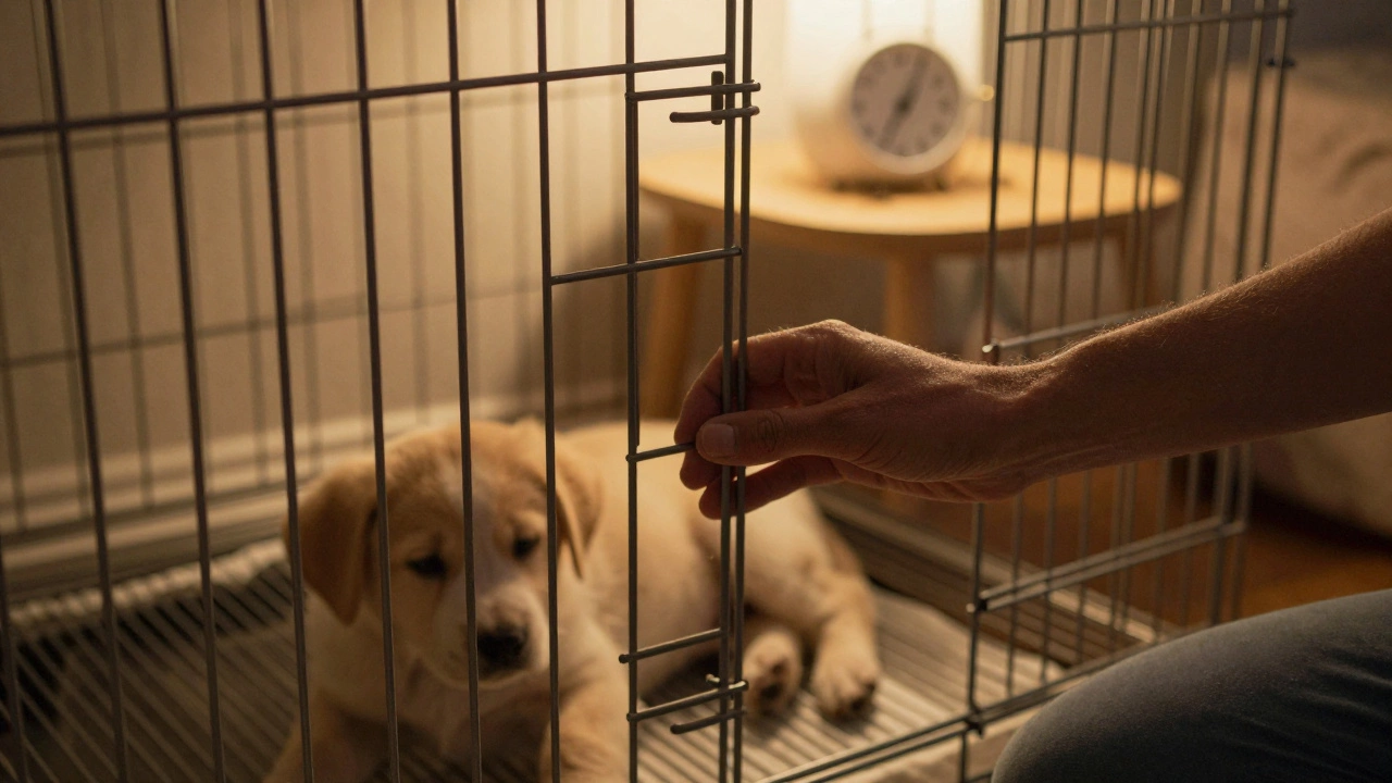 Owner's hand comforting a puppy in a crate at night