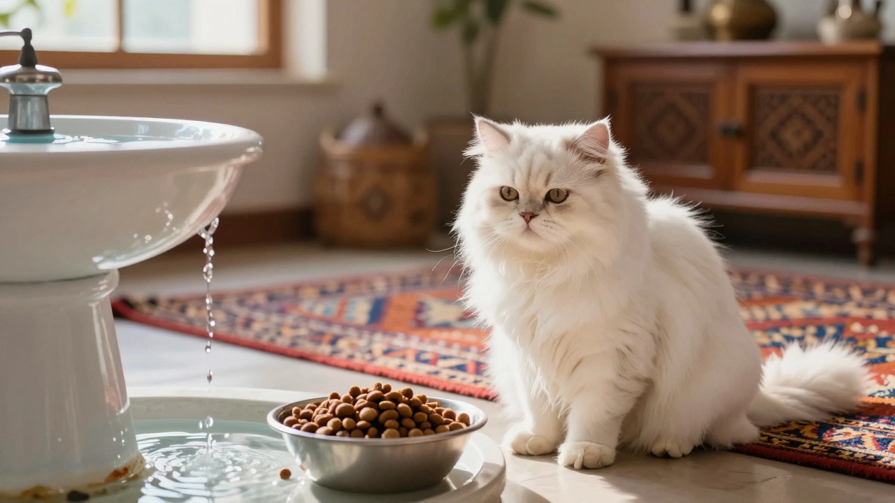 Persian cat near water fountain and food bowl in an Indian home setting