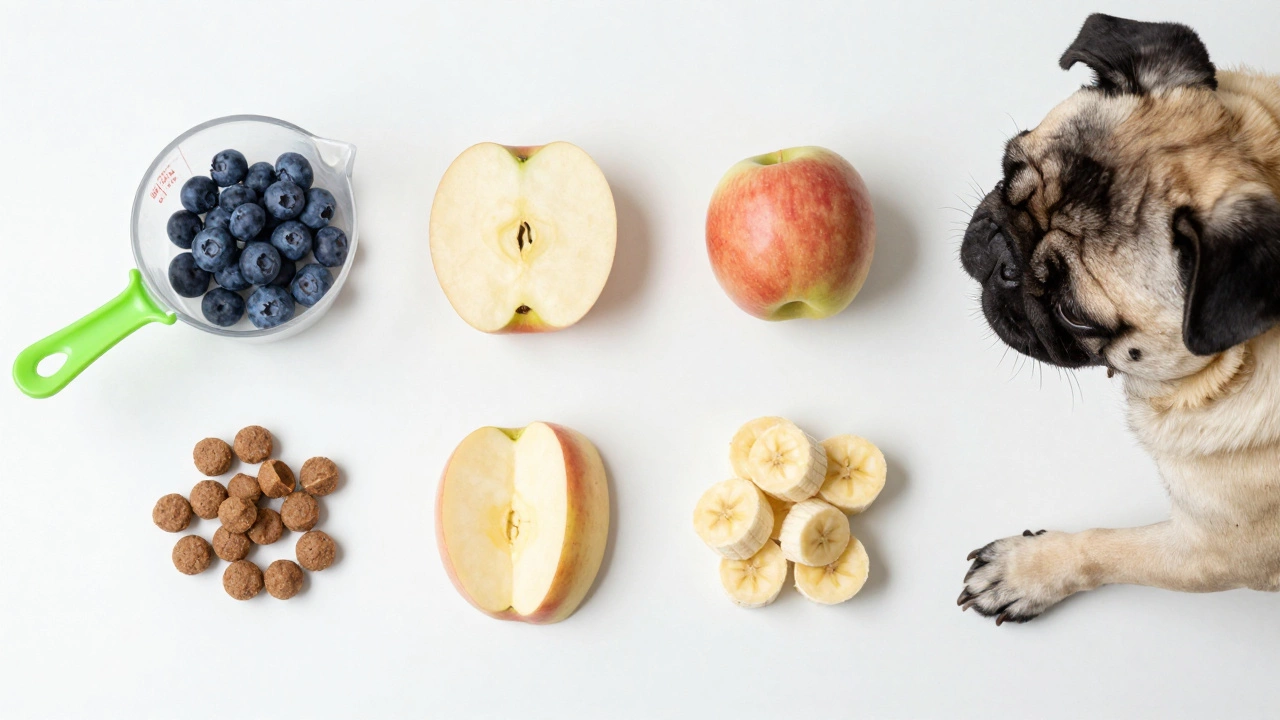Pug paw near measured portions of safe fruits representing moderation and healthy feeding.