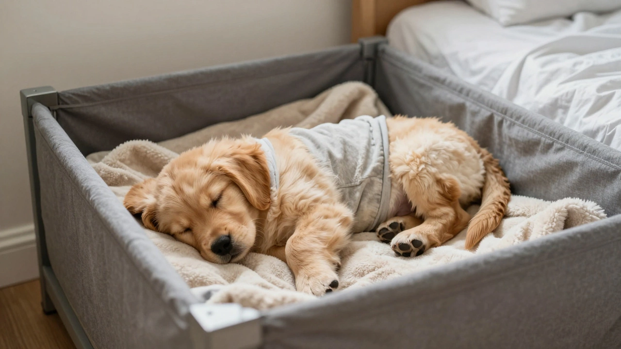 Puppy sleeping peacefully in a cozy crate setup