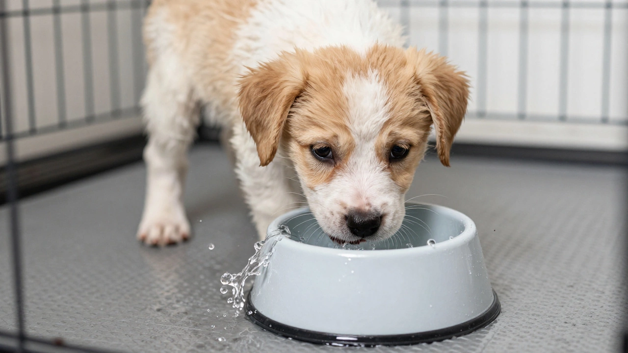 Puppy spilling water from a bowl inside a crate
