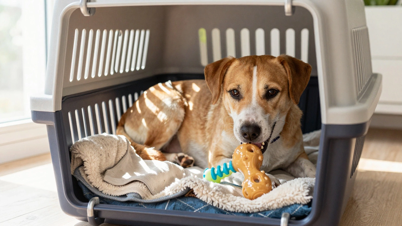 Relaxed dog in crate with familiar items and frozen treat