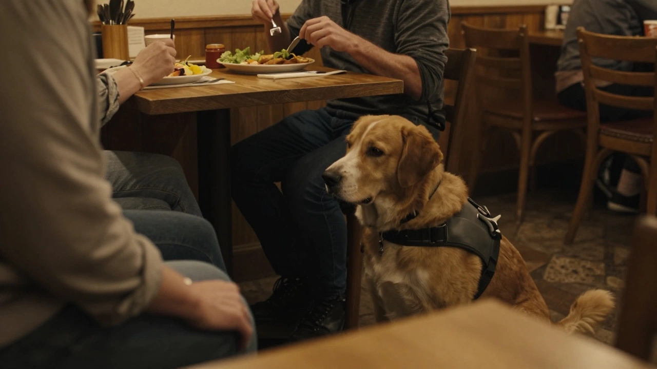 Service dog resting under cafe table while stranger respects space