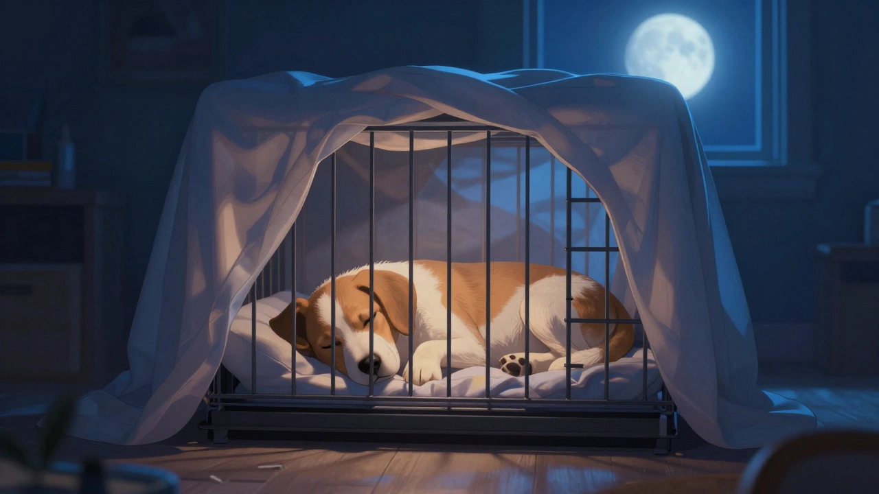 Sleeping puppy in covered crate under moonlight