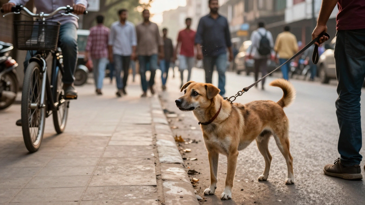 Anxious dog reacting to crowds on a busy city street