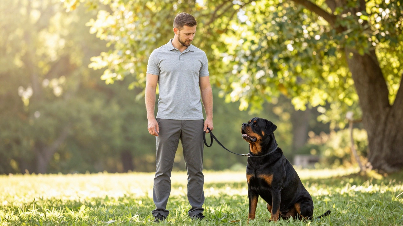 Calm trainer and relaxed dog demonstrating trust and loose-leash walking.