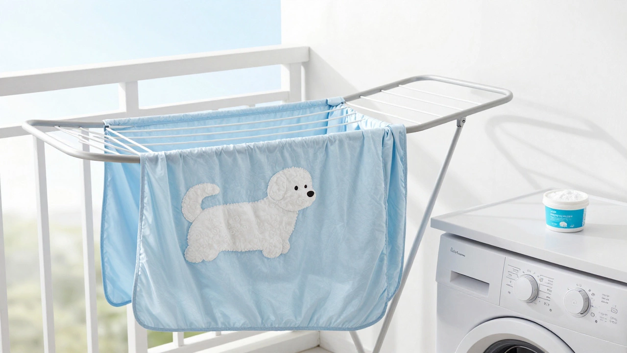 Clean dog bed cover drying in sunlight with baking soda nearby, representing maintenance