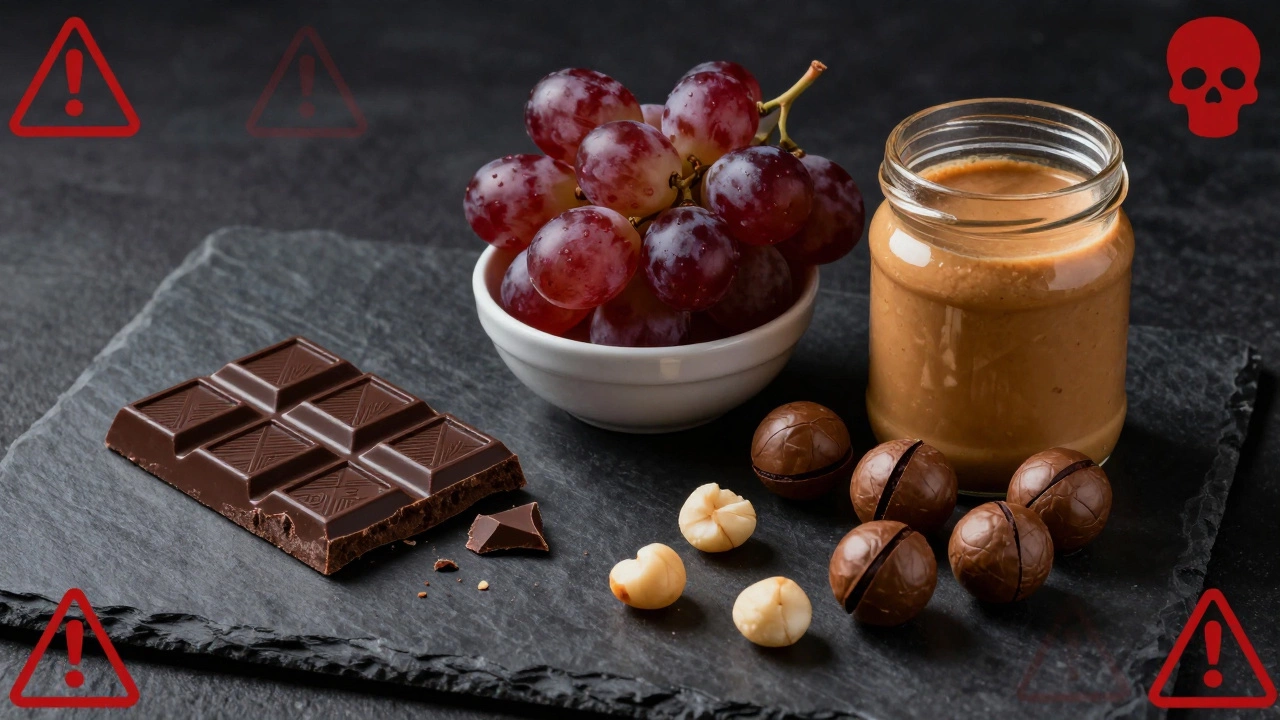 Dark chocolate, grapes, and nuts displayed as toxic foods for dogs