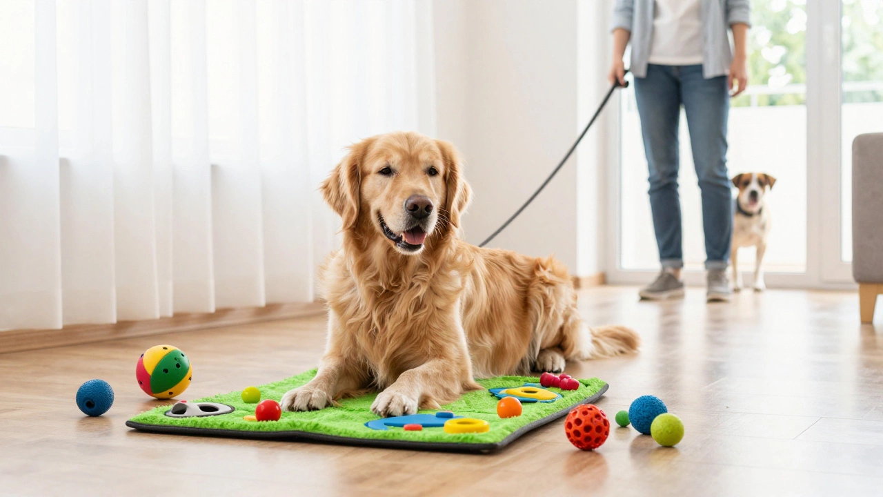 Dog playing with puzzle toys indoors as safe exercise