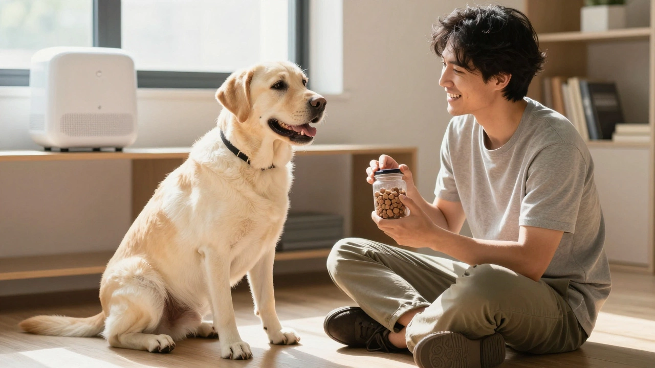 Dog trainer rewarding a quiet Labrador with a treat in a sunlit room