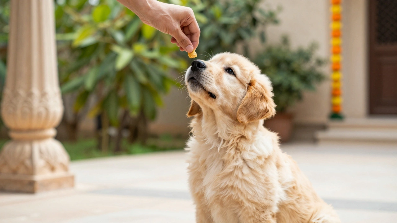 Golden Retriever puppy sitting for treats during positive reinforcement training