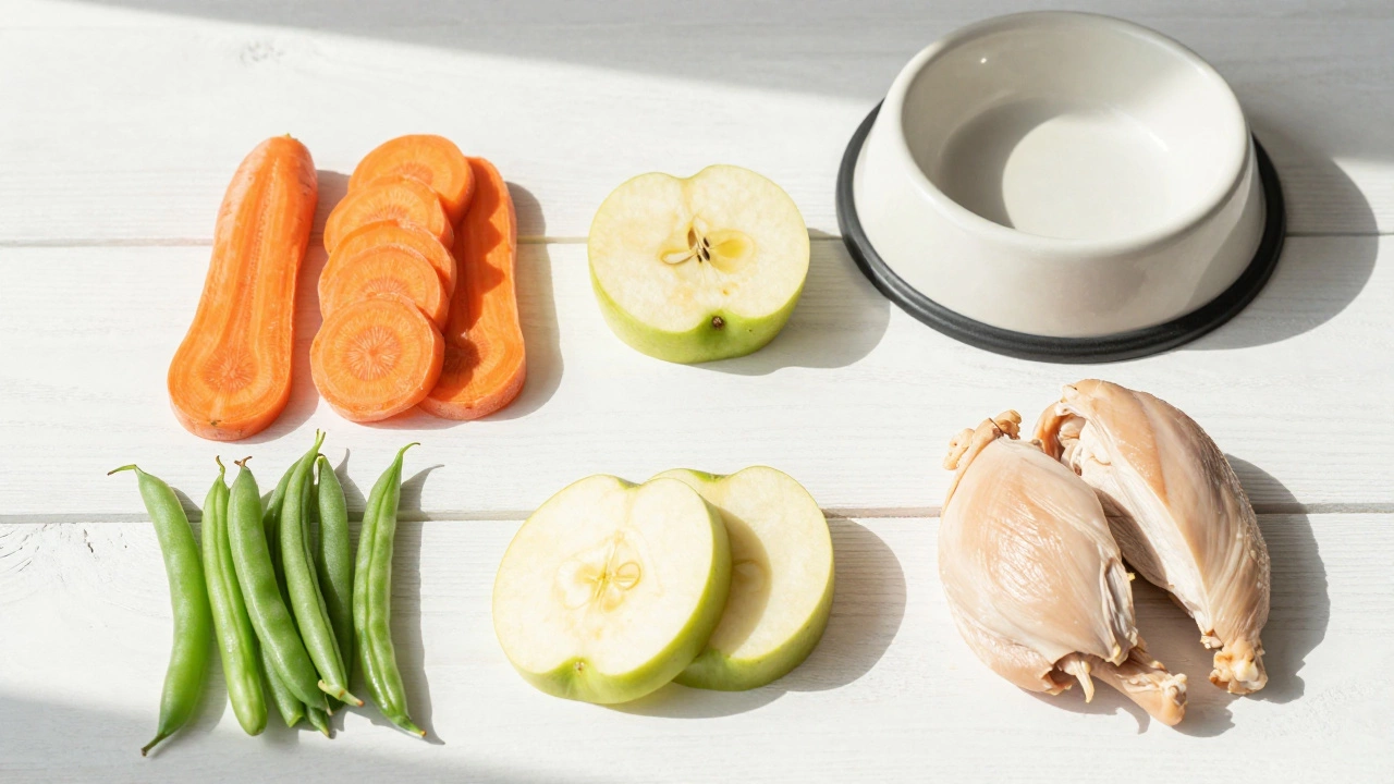 Healthy dog snacks like carrots and apples on a white table